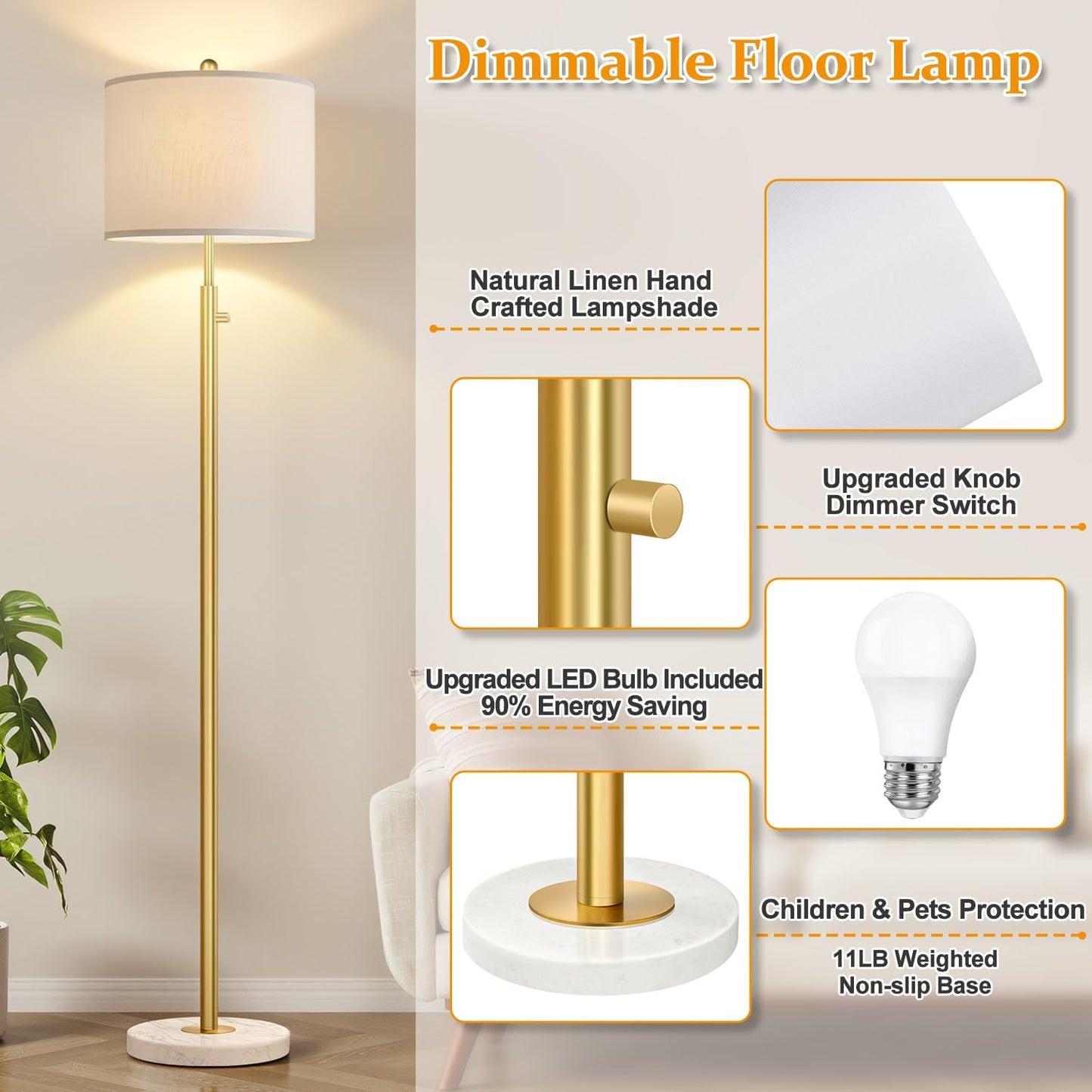 Dimmable Gold Floor Lamps , 11W LED Bulb Included, Modern Standing Lamp