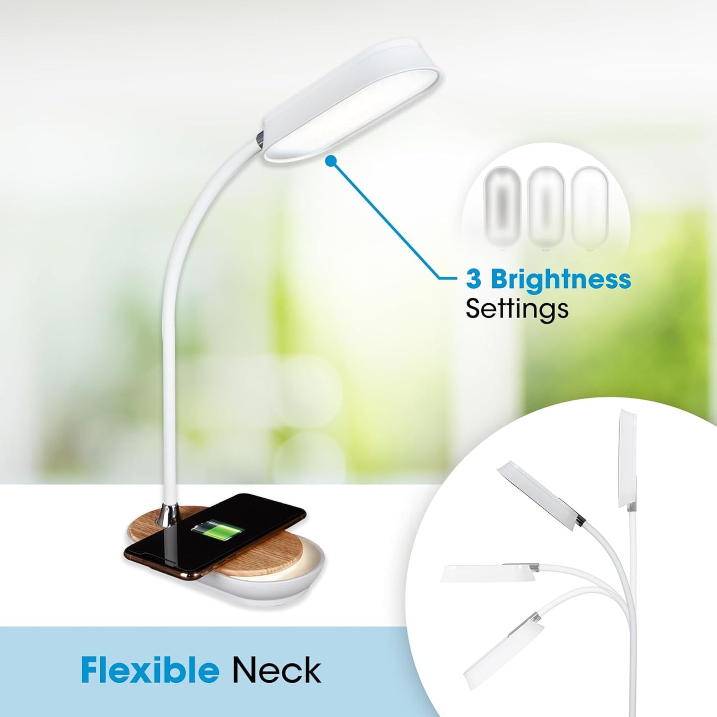 LED Desk Lamp with Wireless Charging -  Flexible Neck, Dimmable with Touch Controls & Night Light Feature - for Offices, Dorm Rooms, & Bedside Tables