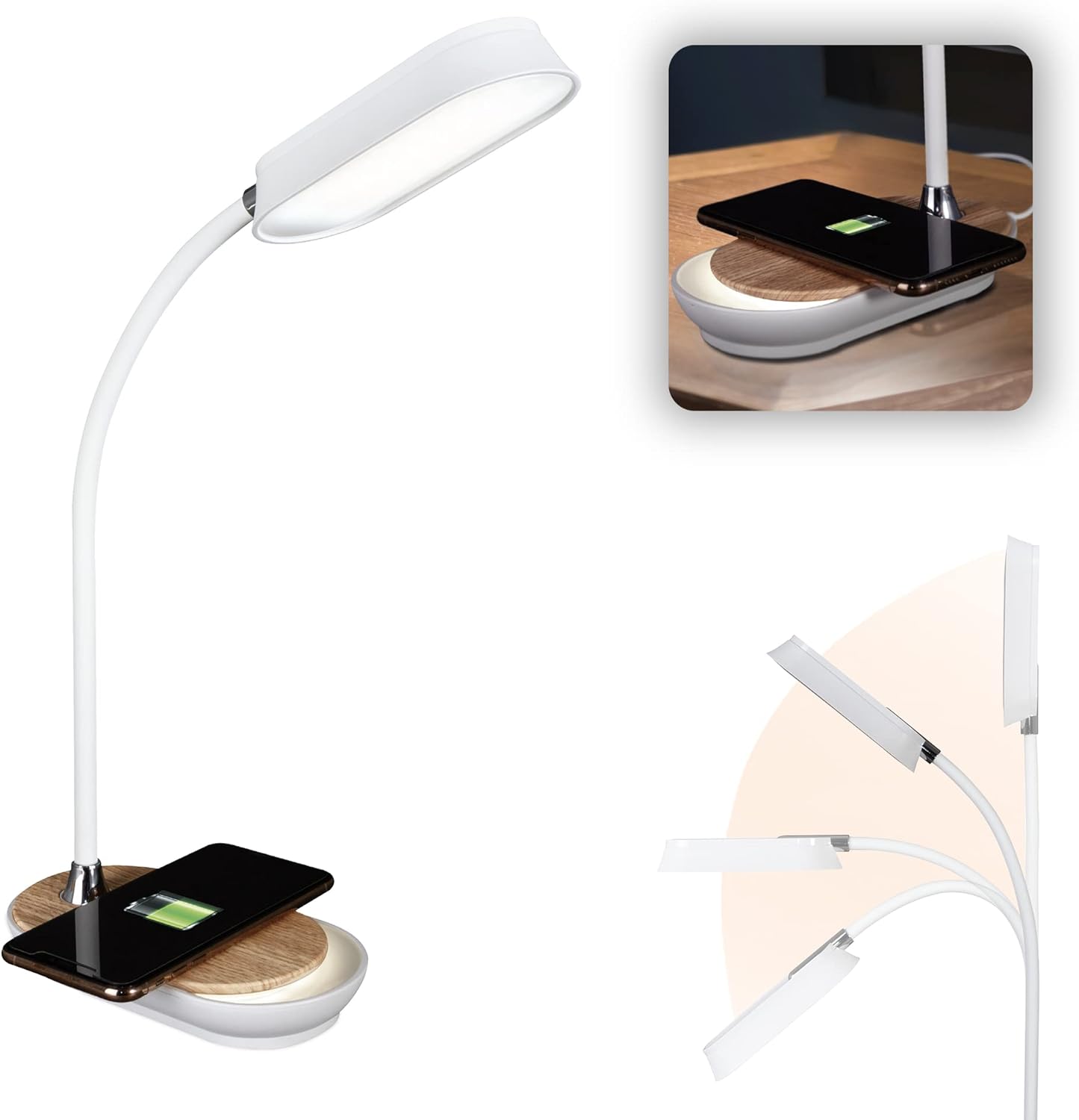 LED Desk Lamp with Wireless Charging -  Flexible Neck, Dimmable with Touch Controls & Night Light Feature - for Offices, Dorm Rooms, & Bedside Tables
