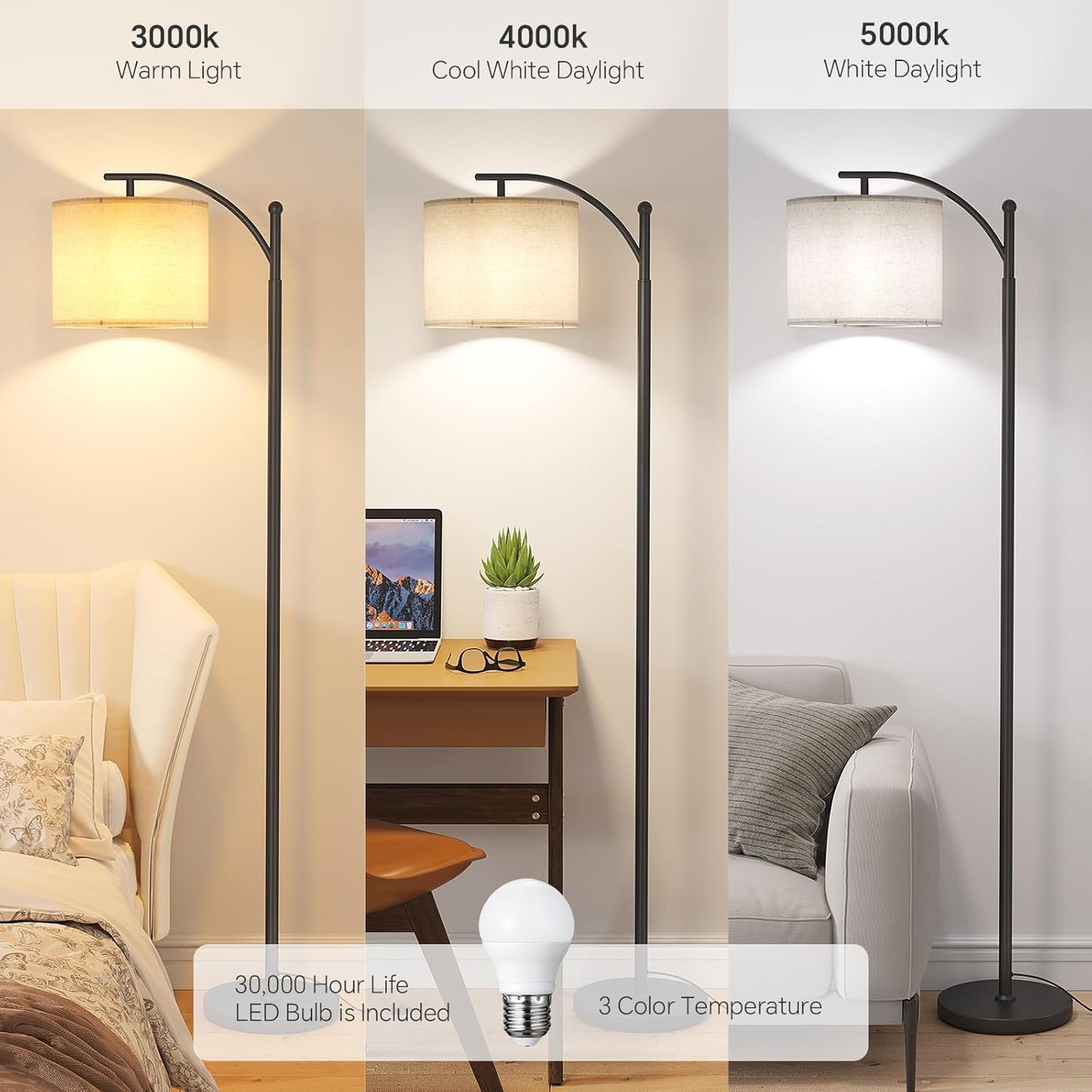 Arc Floor Lamp,Modern Floor Lamp with 9W 3 Color Temperatures Bulb